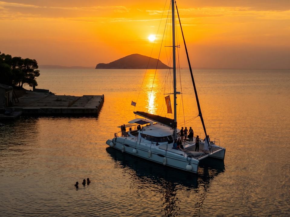Catamaran at anchor silhouetted against an orange sunset, guests on deck and swimmers in the foreground, Halkidiki sailing
