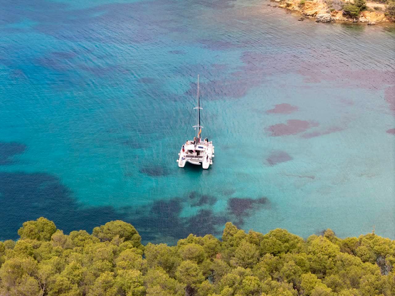 Sailing Sithonia: a white catamaran anchored in shallow turquoise water with reddish seagrass patches, pine treetops in the foreground