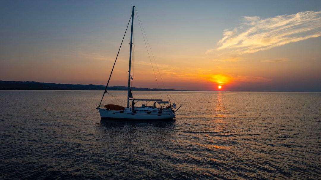 A sailing yacht at anchor silhouetted on a calm sea, the sun touching the horizon beneath wispy clouds